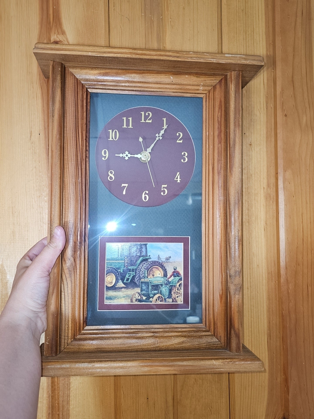 Rustic Wood Framed Wall Clock with John Deere Tractor Print - Brown
